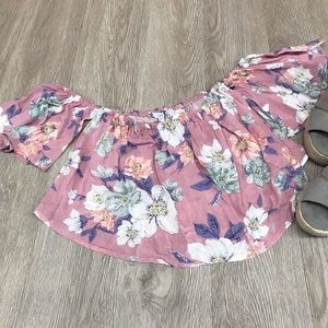 Pink Floral Cold Shoulder Ruffle Crop Top BB97